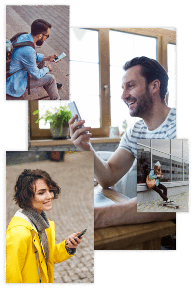 Een collage van foto's van mensen die op hun telefoons kijken
