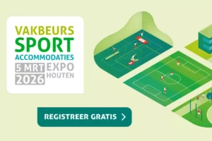 Sportveld, sportzaal, de tekst: Vakbeurs Sportaccommodatie 5 mrt 2026 Expo Houten