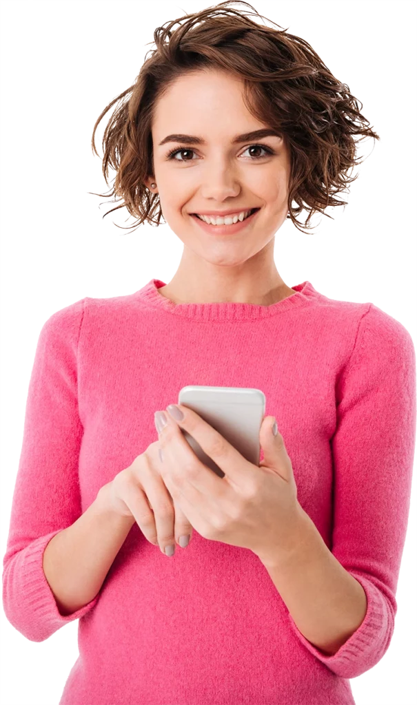 SpaceNow-Beheerders-App Vrouwelijke professional aan het werk op haar mobiele telefoon waarop de SpaceNow Beheerders App draait